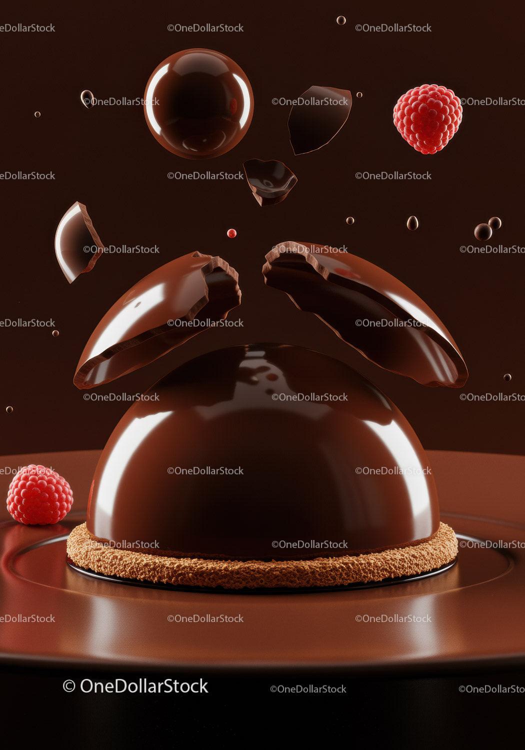 Glossy chocolate dome dessert with fresh raspberries