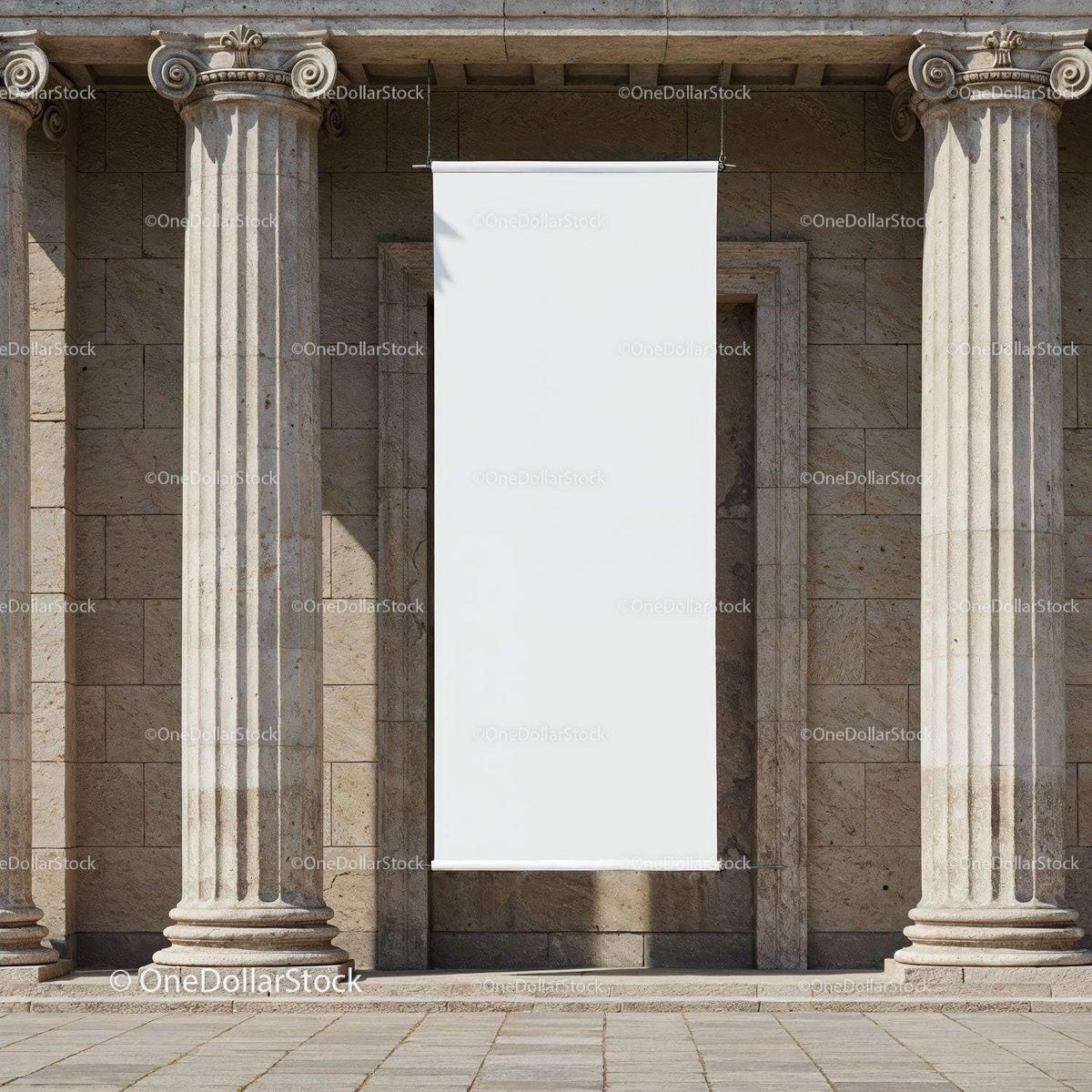 Blank vertical banner between classical stone columns JPG Mockup Image preview