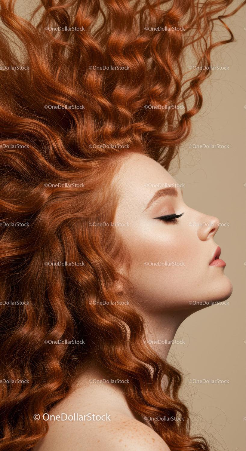Profile of serene woman with vibrant curly red hair