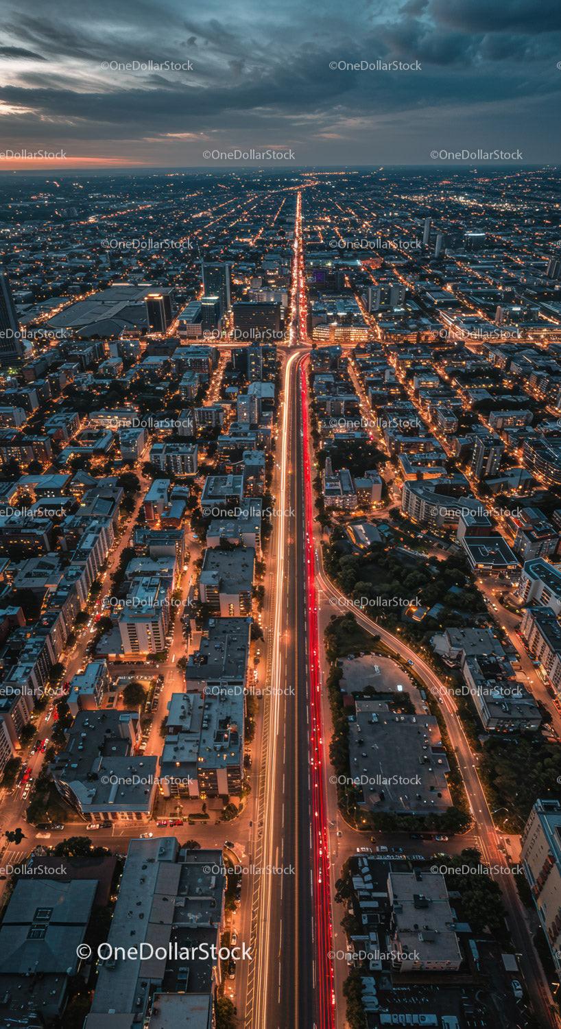 Aerial View of a Vibrant City at Night with Illuminated Streets