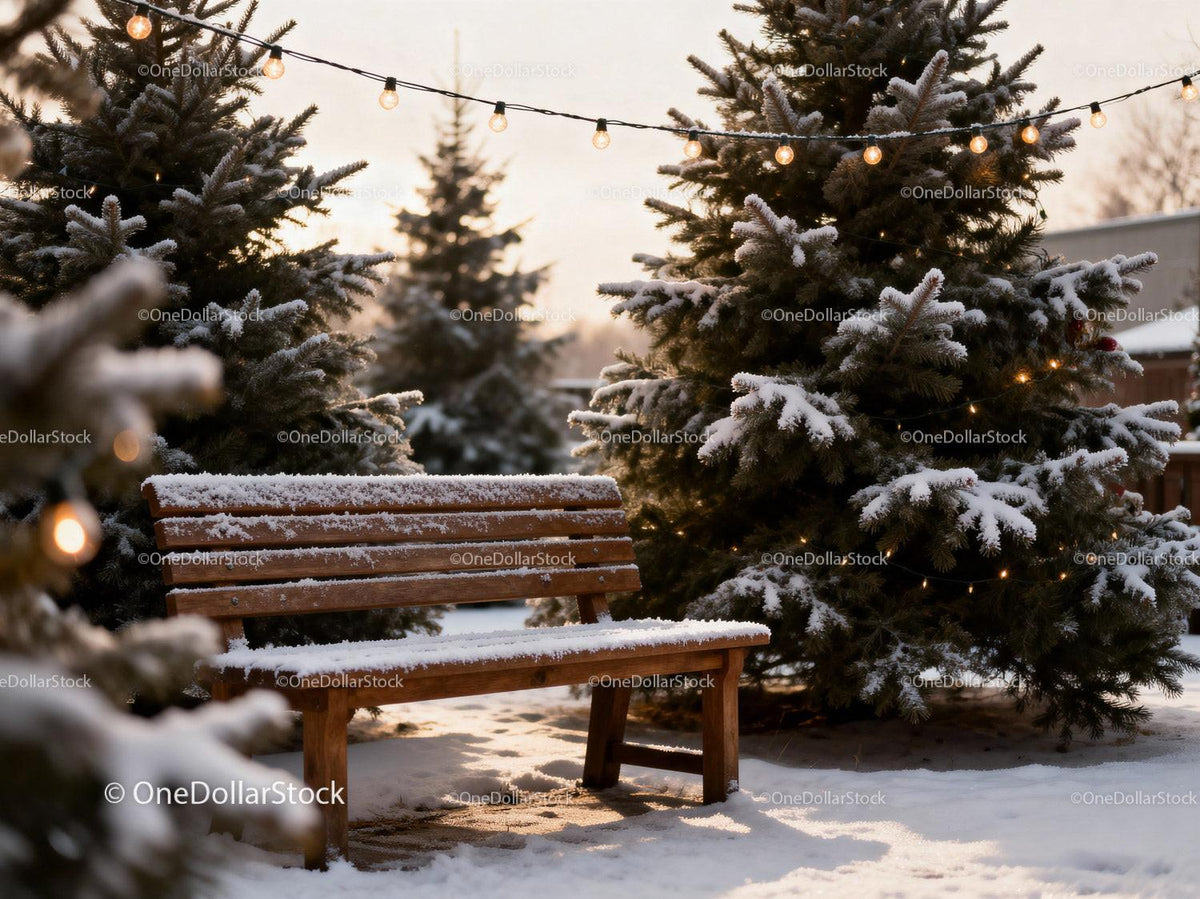 Snow-covered bench beside decorated winter pine trees