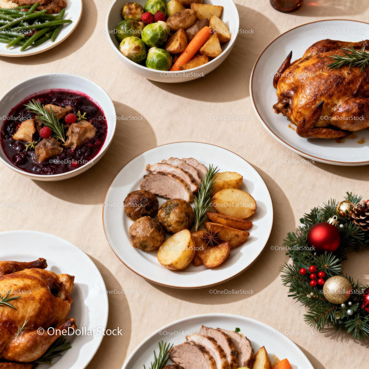 Traditional Roast Chicken Dinner with Festive Garnishes