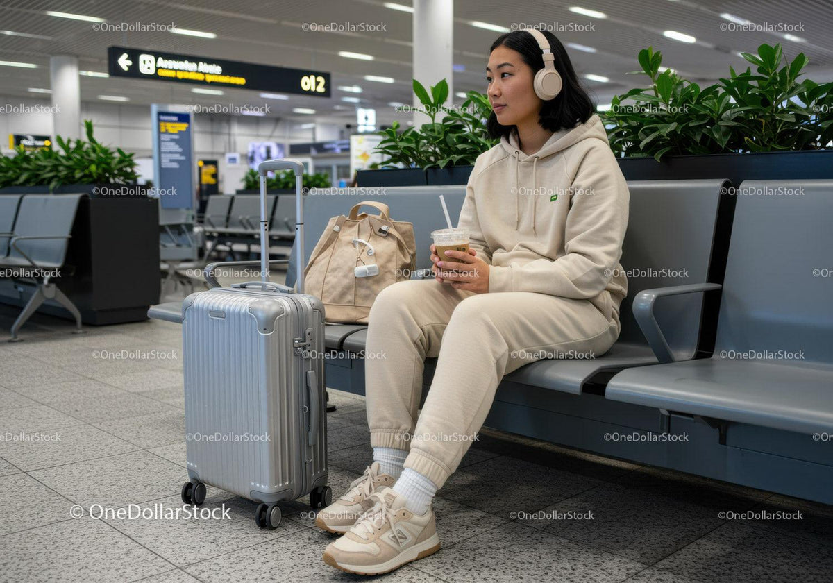 Casual Young Woman Traveling at Airport Lounge with Suitcase and Coffee