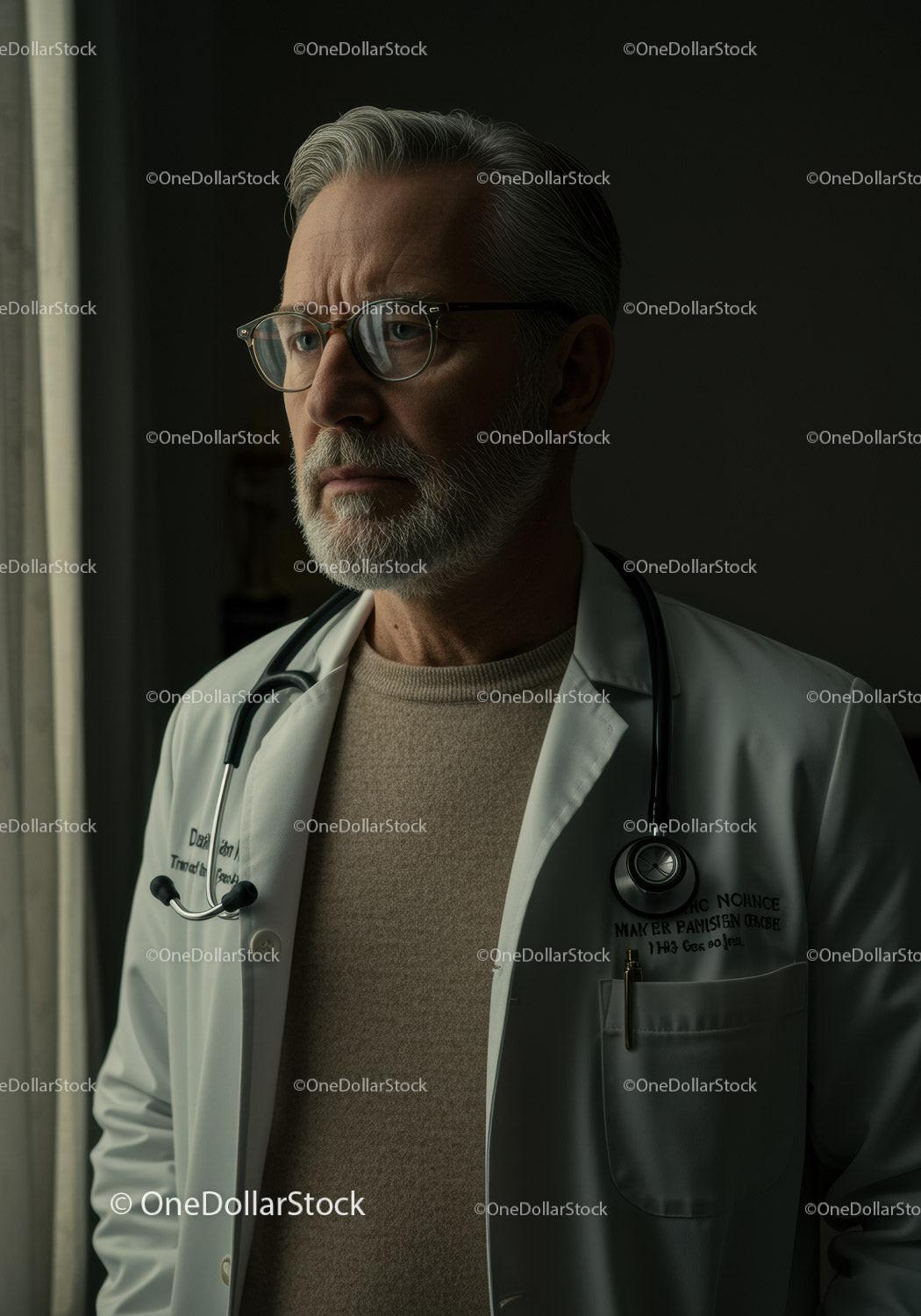 Senior Male Doctor in White Coat with Stethoscope in Medical Office