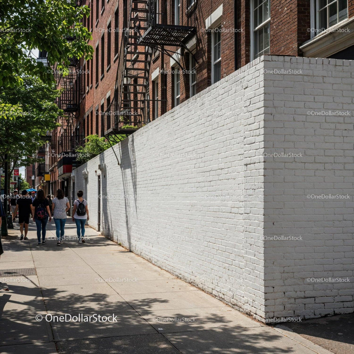 City Street with White Brick Wall and Pedestrians on Sunny Day JPG Mockup Image preview