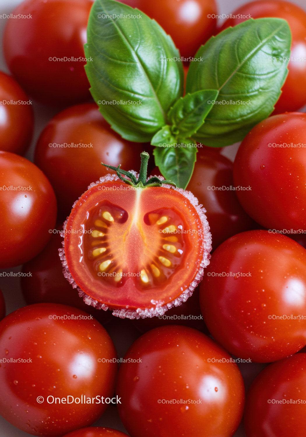 Fresh cherry tomatoes with basil and salt crystals