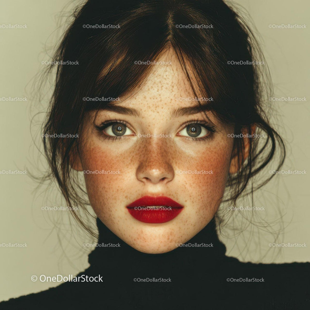Young Woman with Freckles and Red Lipstick in Studio Portrait