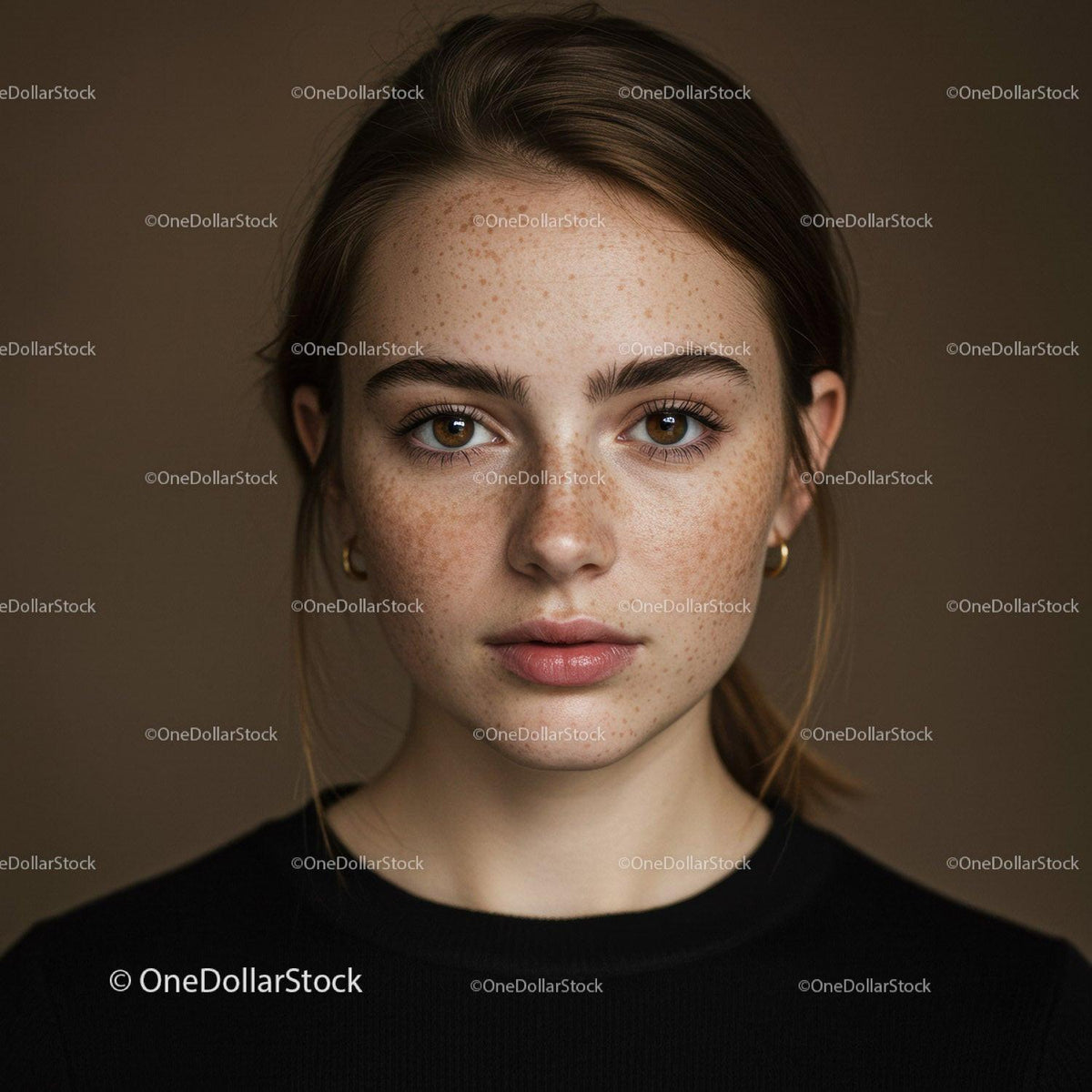 Close-up of Freckled Woman with Captivating Brown Eyes in Studio
