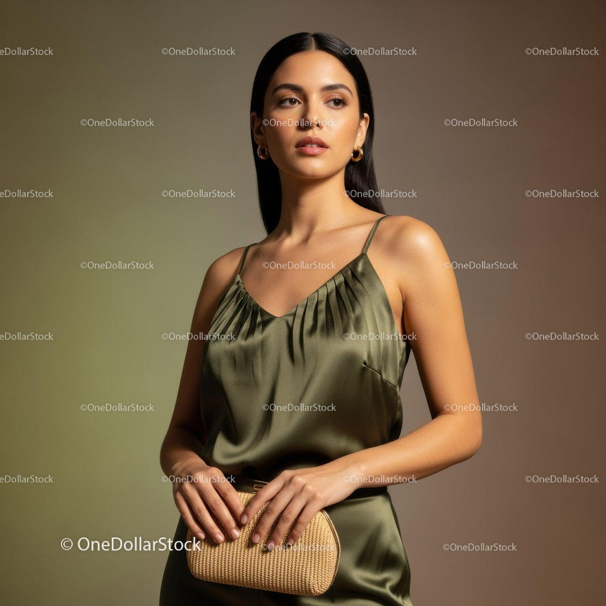 Elegant Woman Wearing Satin Dress with Stylish Accessories and Confident Pose