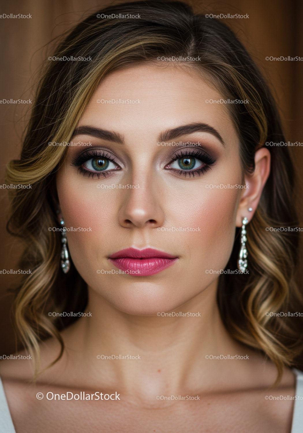 Close-up of a Beautiful Woman with Green Eyes and Pink Makeup