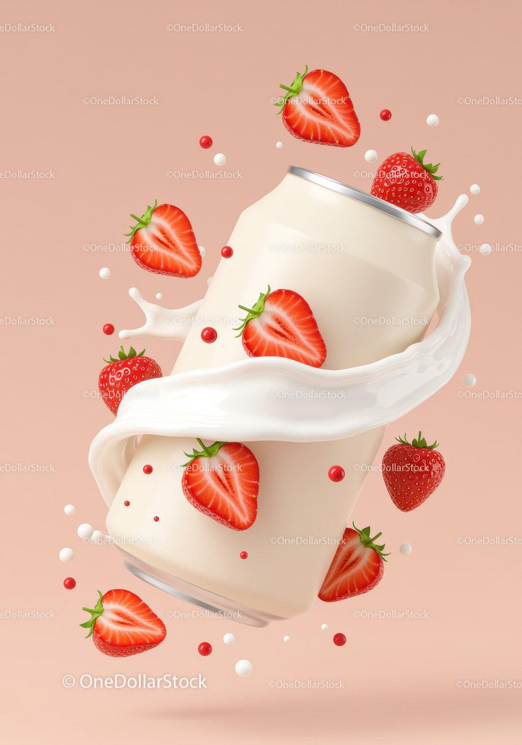 Refreshing Strawberry Drink Can with Splashing Milk JPG Mockup Image preview
