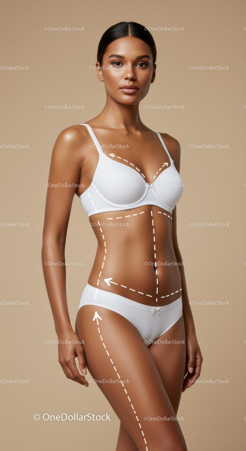 Elegant Woman in White Lingerie with Dotted Lines on Skin