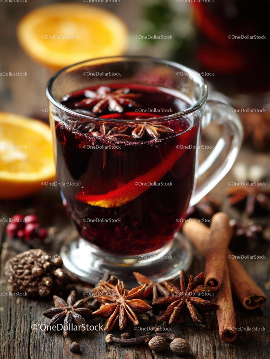 Delicious Mulled Wine with Citrus and Spices in a Glass Mug Stock Photo Bundle preview 21