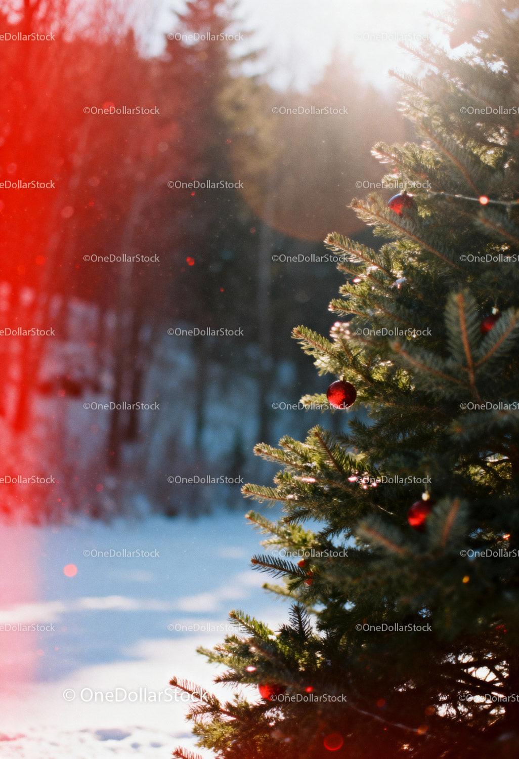 Sunlit Christmas Tree with Red Ornaments in Snowy Forest