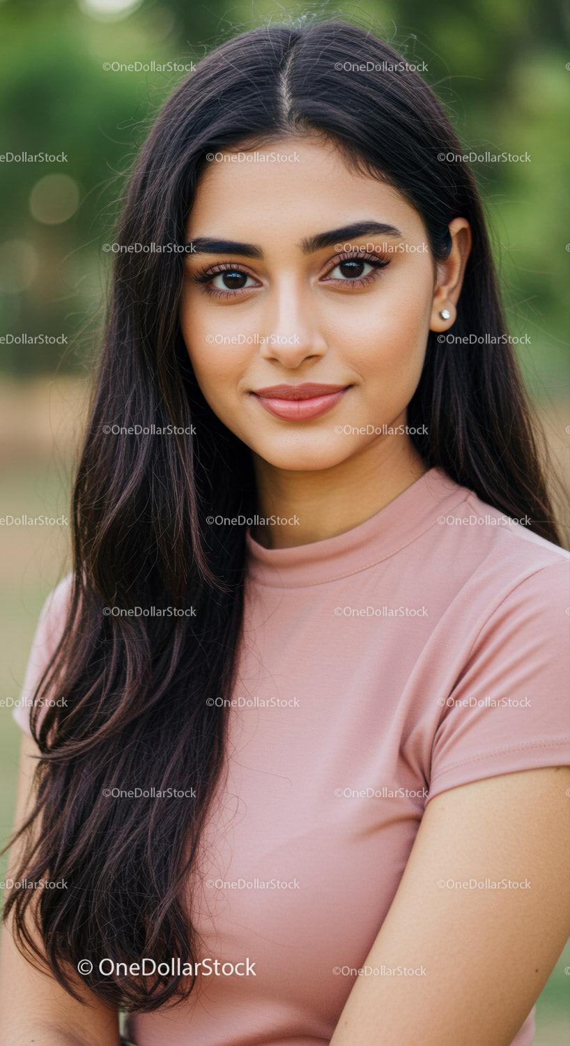 Portrait of a Confident Young Woman with Long Black Hair Outdoors