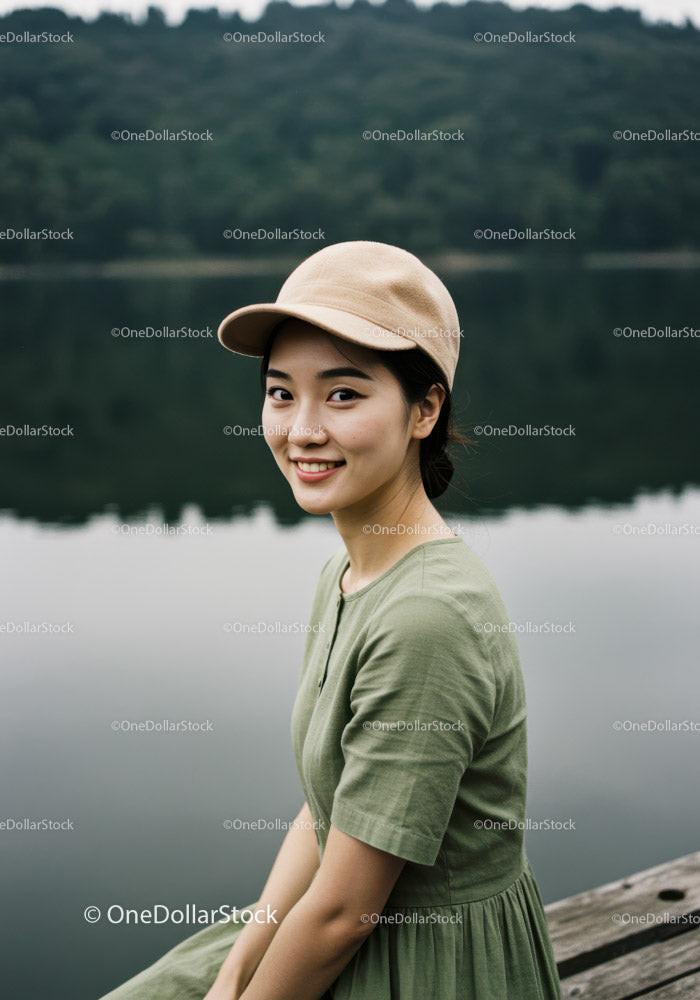 Young Woman Relaxing by Lake in Casual Outfit Under Cloudy Sky