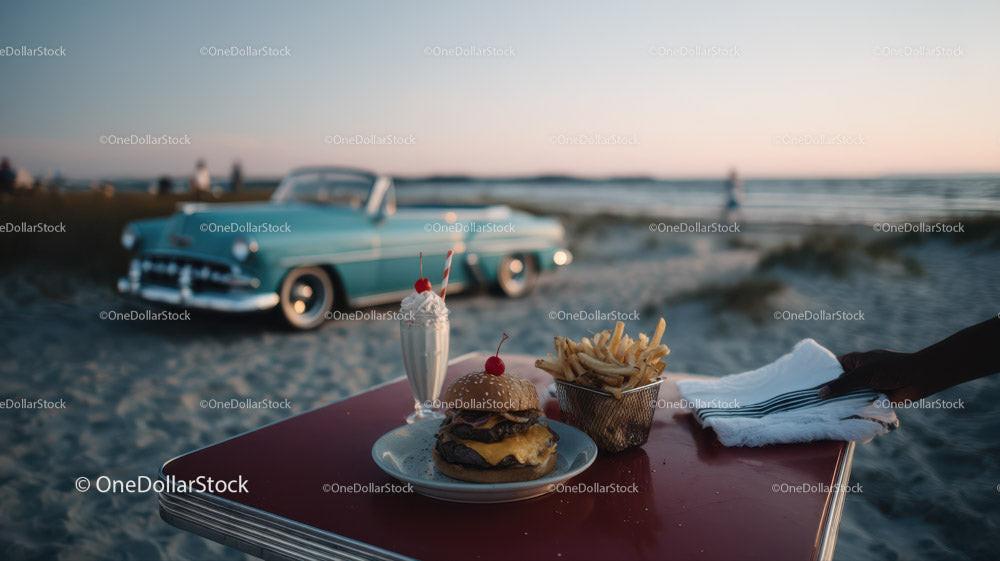 Beachside Vintage Car with Cheeseburger Fries and Milkshake Scene
