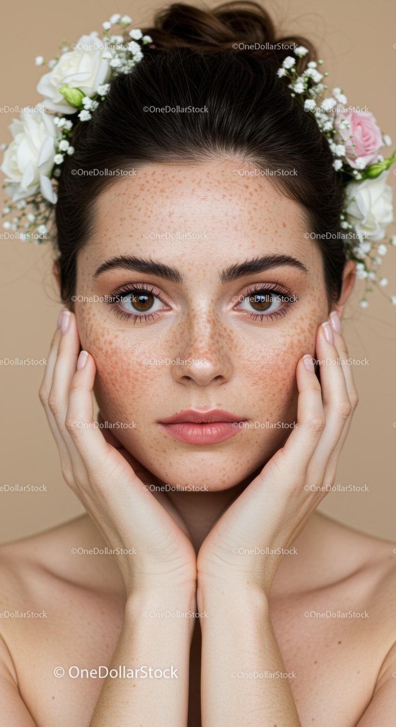 Portrait of a Woman with Freckles and Floral Headpiece