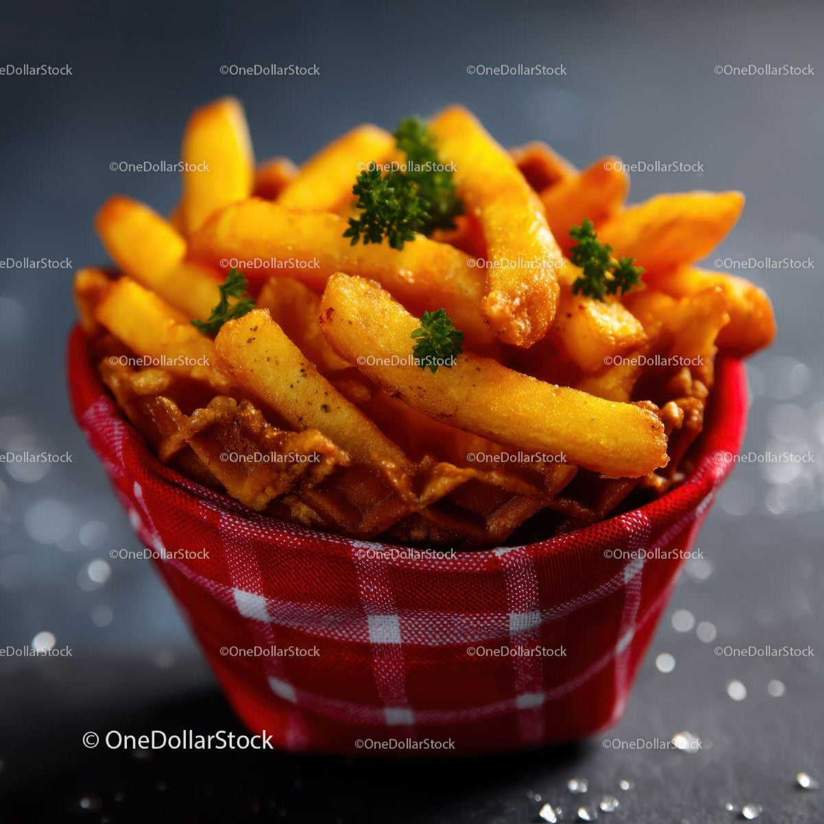 Golden French Fries with Parsley in Red Checkered Bowl