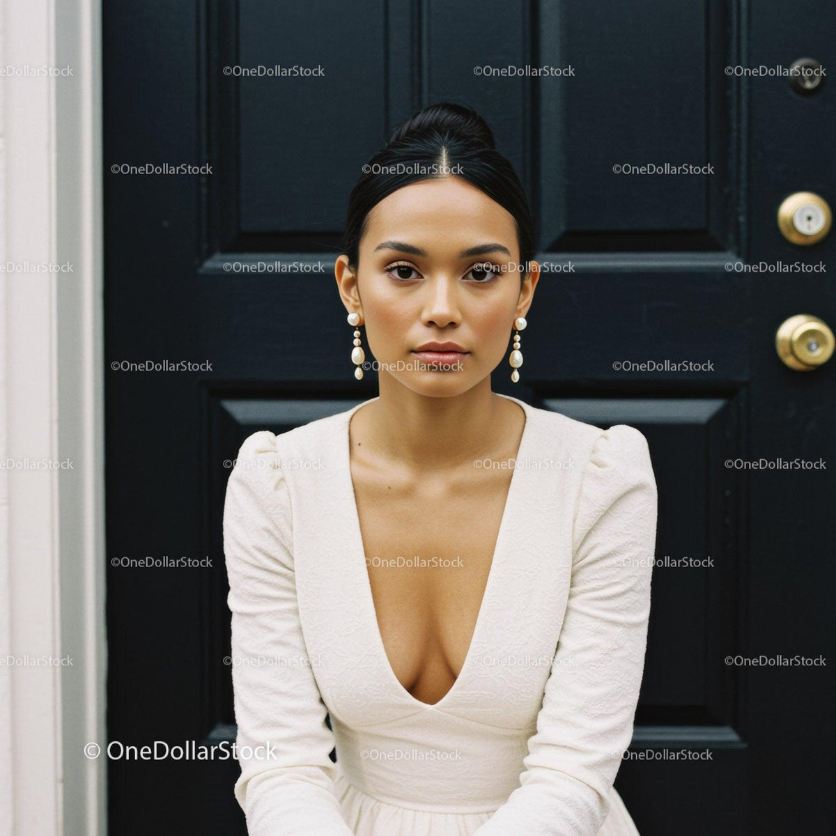 Elegant woman wearing white dress and pearl earrings
