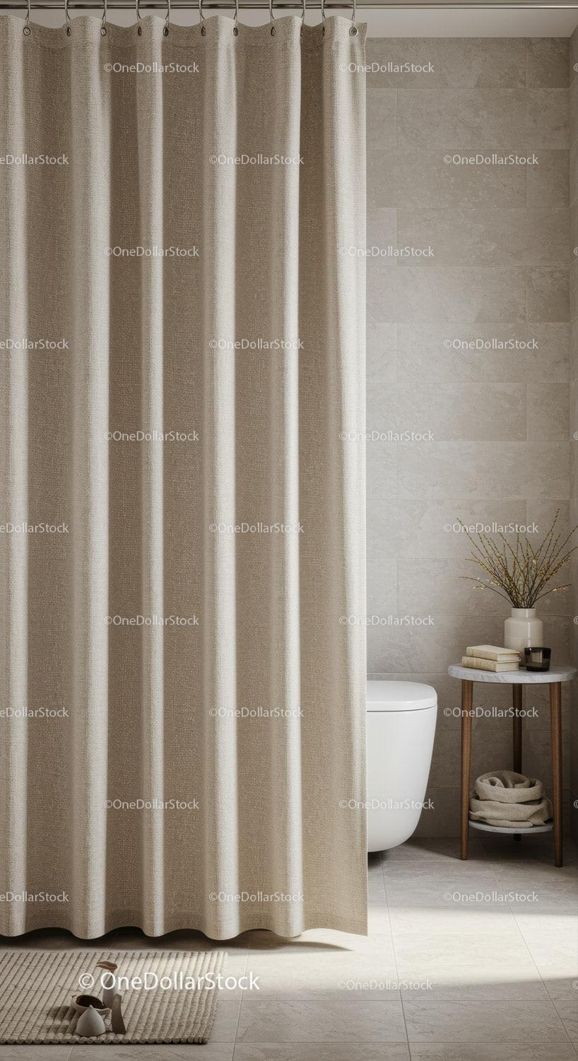 Modern Bathroom with Beige Curtains and Minimalist Decor