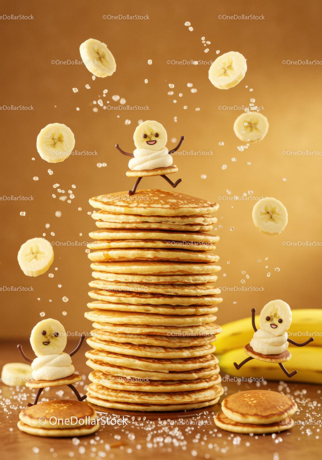 Happy Pancake Stack with Playful Banana Characters