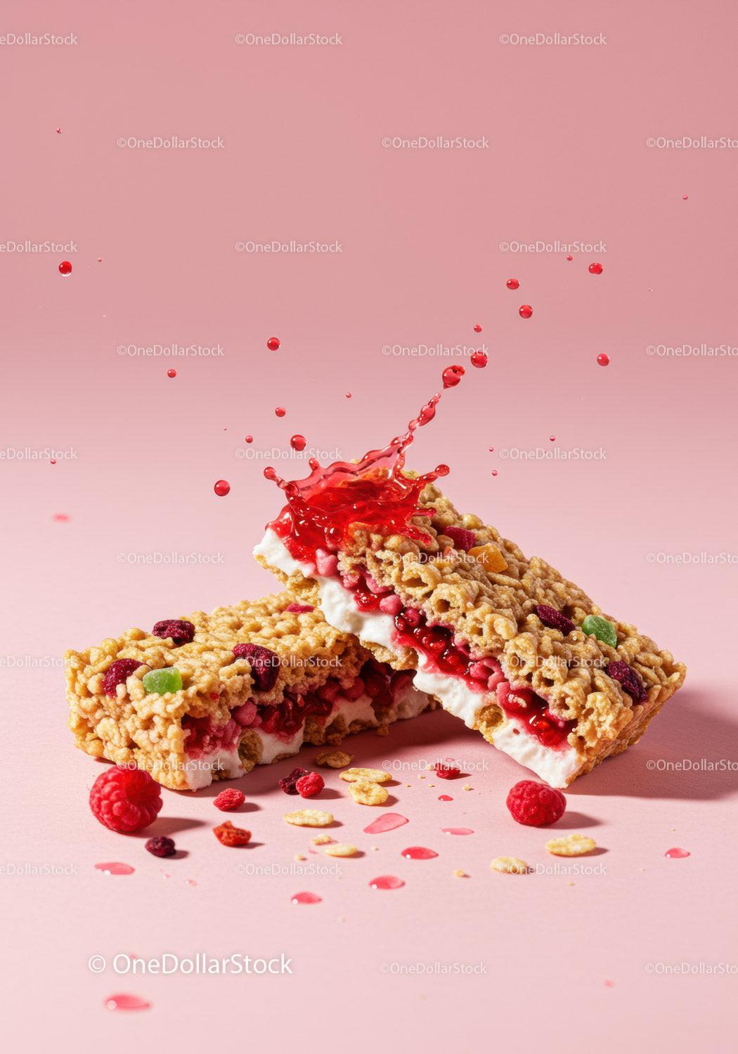 Granola bars with creamy filling and red fruit splashes