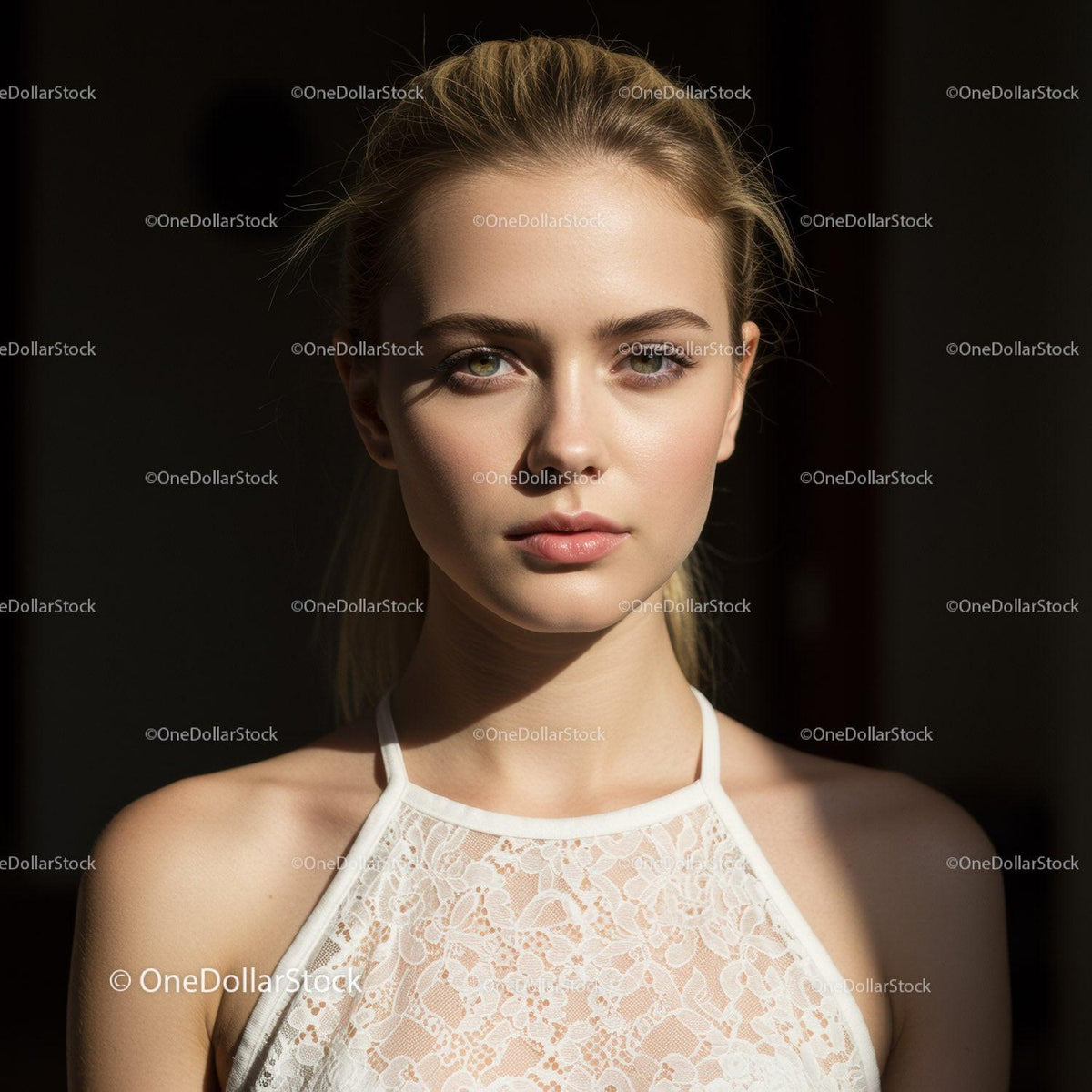Elegant Portrait of a Young Woman with Blonde Hair in Lace Dress