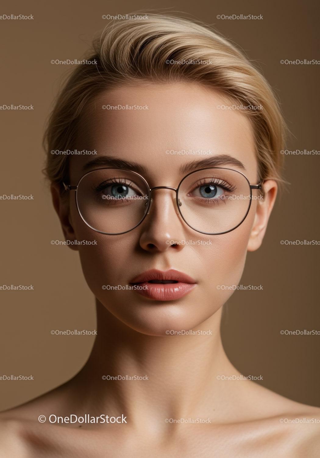 Close-up Portrait of a Woman with Blonde Hair and Blue Eyes Wearing Glasses