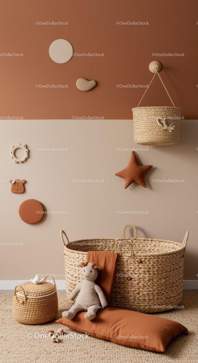 Cozy Boho Nursery Decor with Plush Teddy Bear and Woven Baskets
