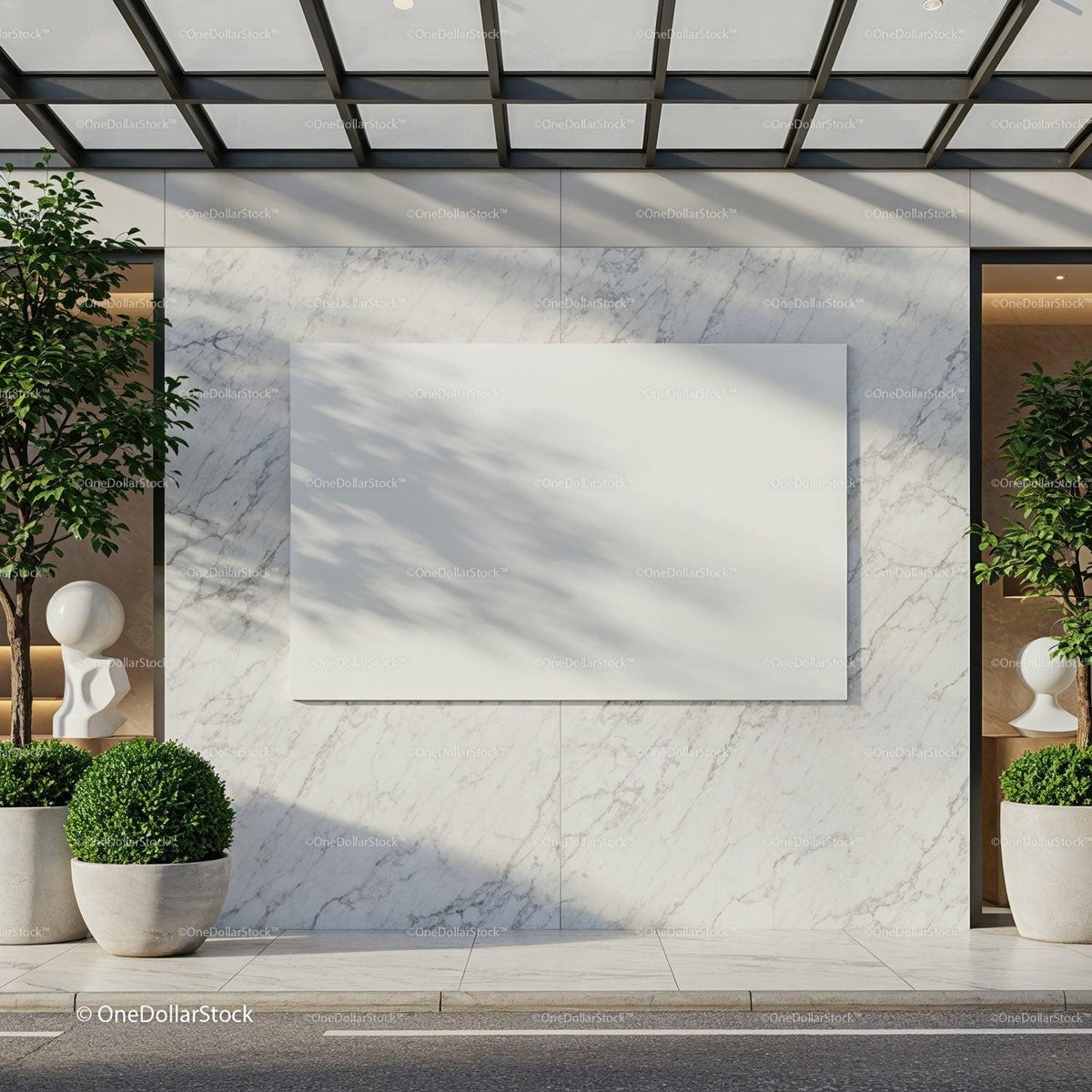Minimalist outdoor wall with blank modern billboard JPG Mockup Image preview