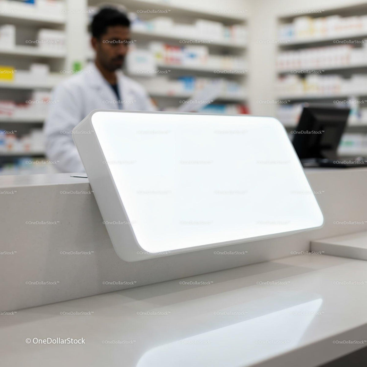 Pharmacy counter illuminated blank sign in modern drugstore JPG Mockup Image preview