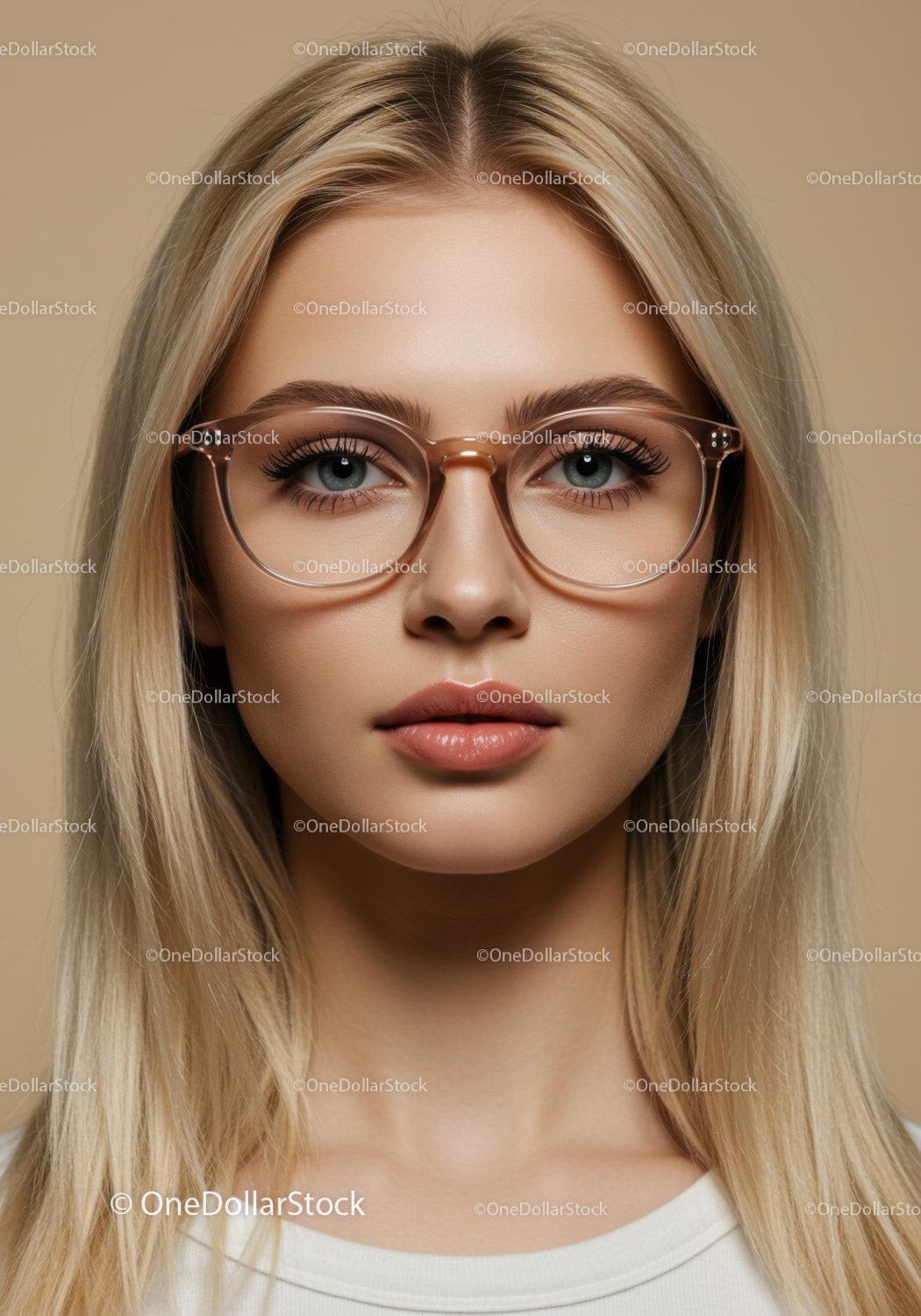Elegant Blonde Woman Wearing Trendy Glasses in Professional Portrait