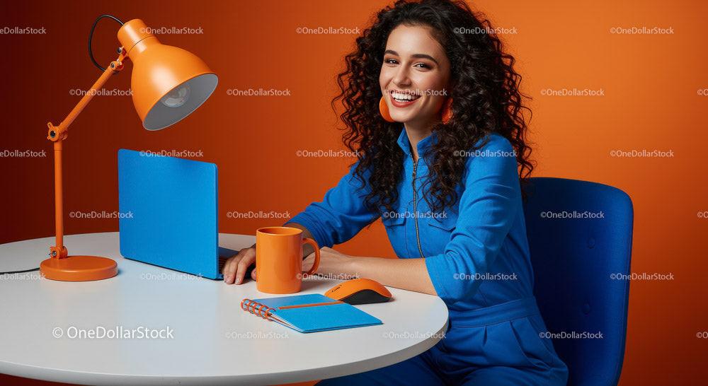 Smiling Young Woman in a Colorful Creative Workspace Stock Photo Bundle preview 5
