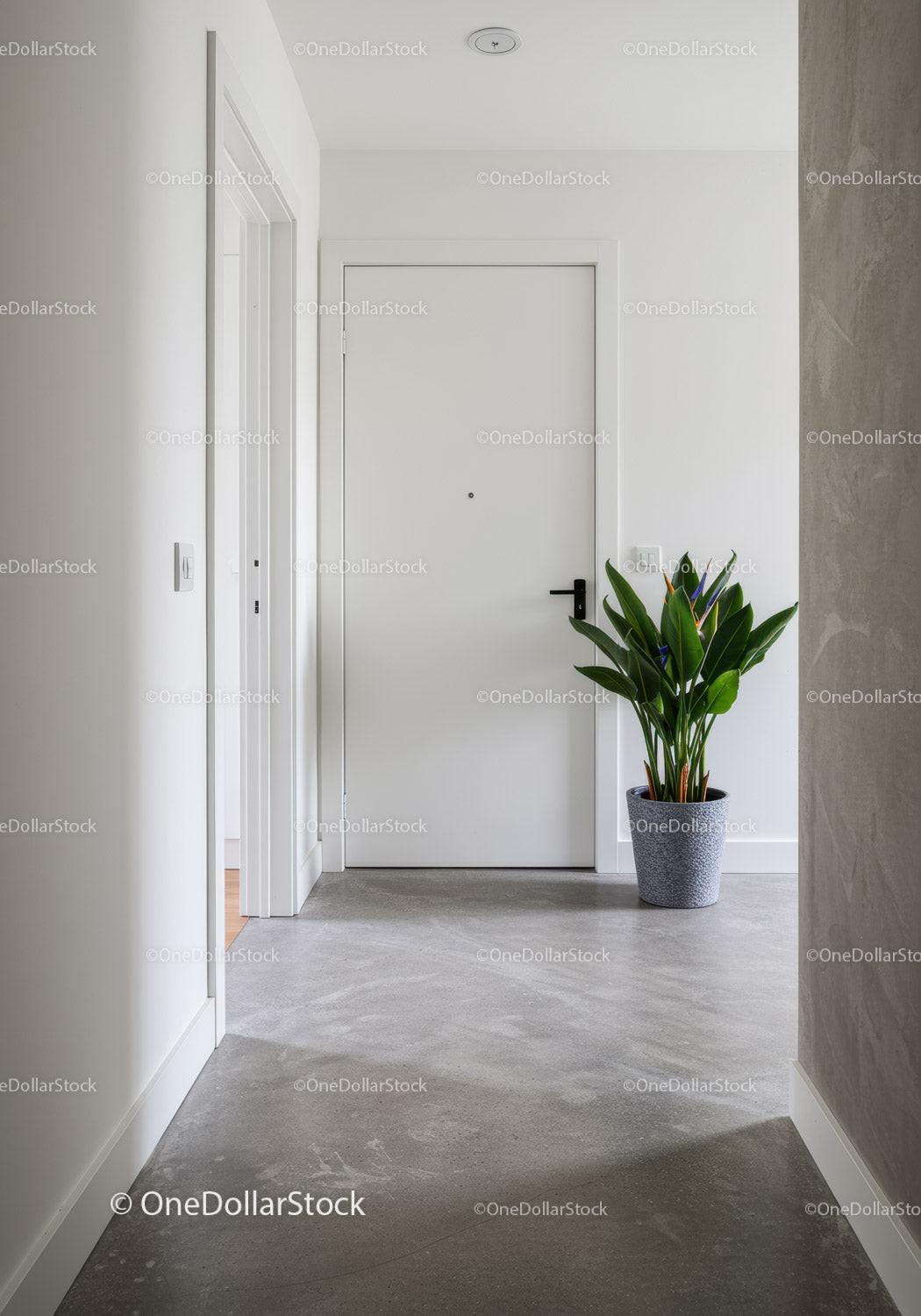 Minimalist White Door Entrance Hall with Green Potted Plant