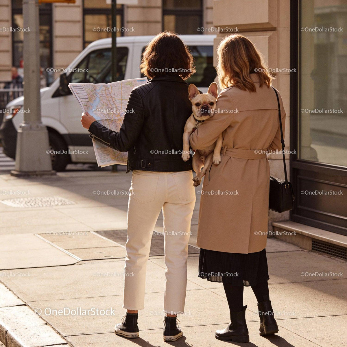 Two women exploring city streets with French bulldog