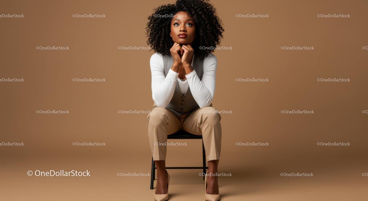 Thoughtful Woman Seated in Elegant Attire Against Brown Background Stock Photo Bundle preview 31