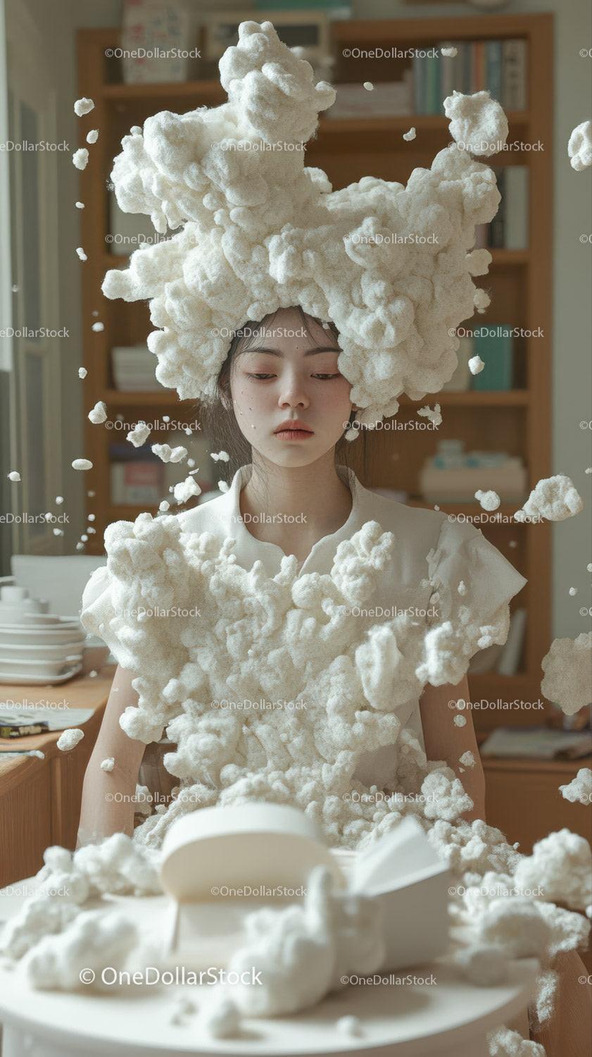 Young woman with closed eyes covered in white foam clusters indoors