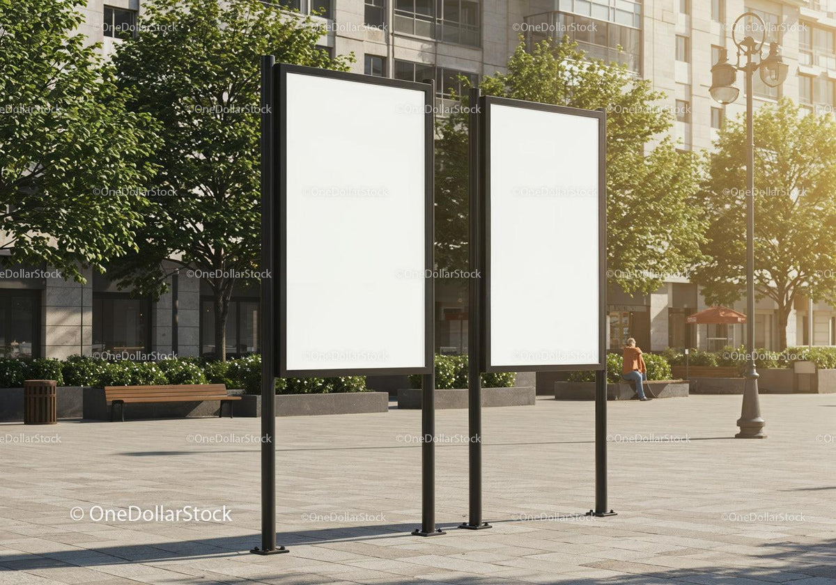 Blank urban outdoor billboards on sunny city square JPG Mockup Image preview