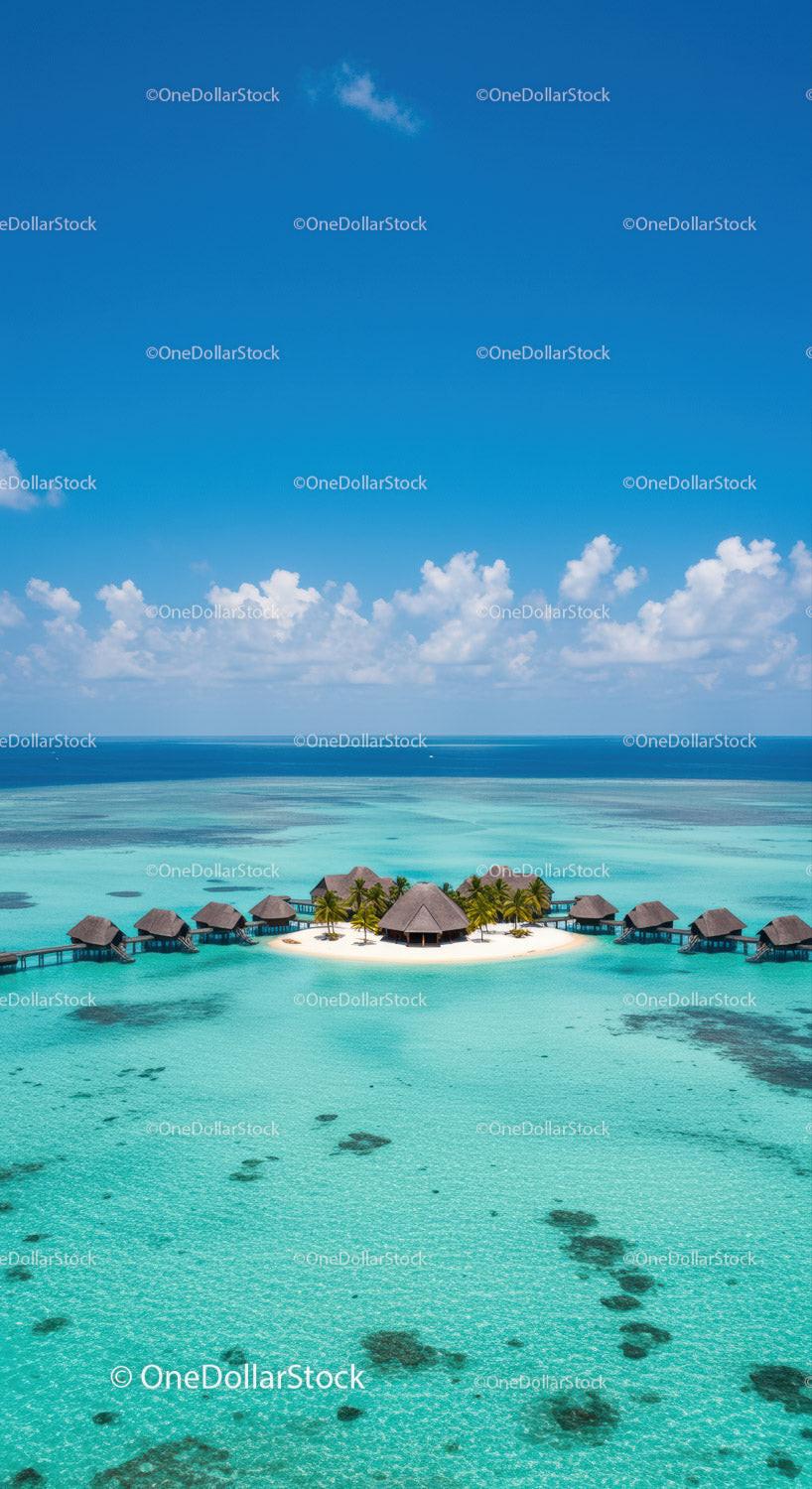 Paradise Tropical Island Overwater Bungalows in Turquoise Lagoon