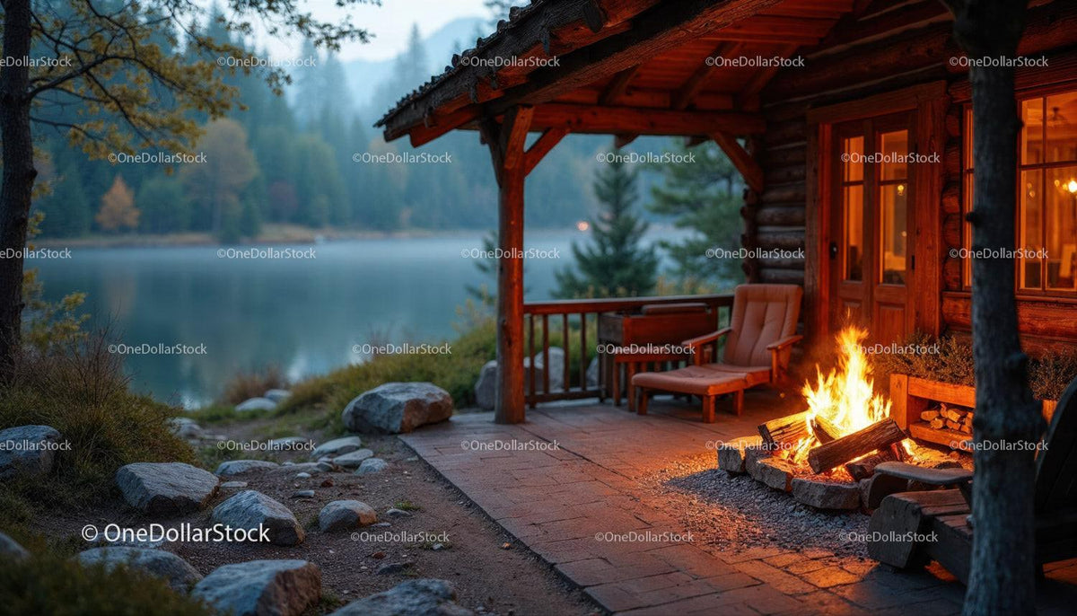Rustic Cabin Porch with Firepit and Scenic River View Stock Photo Bundle preview 13