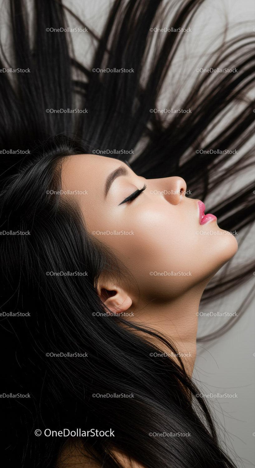 Profile of serene woman with flowing black hair