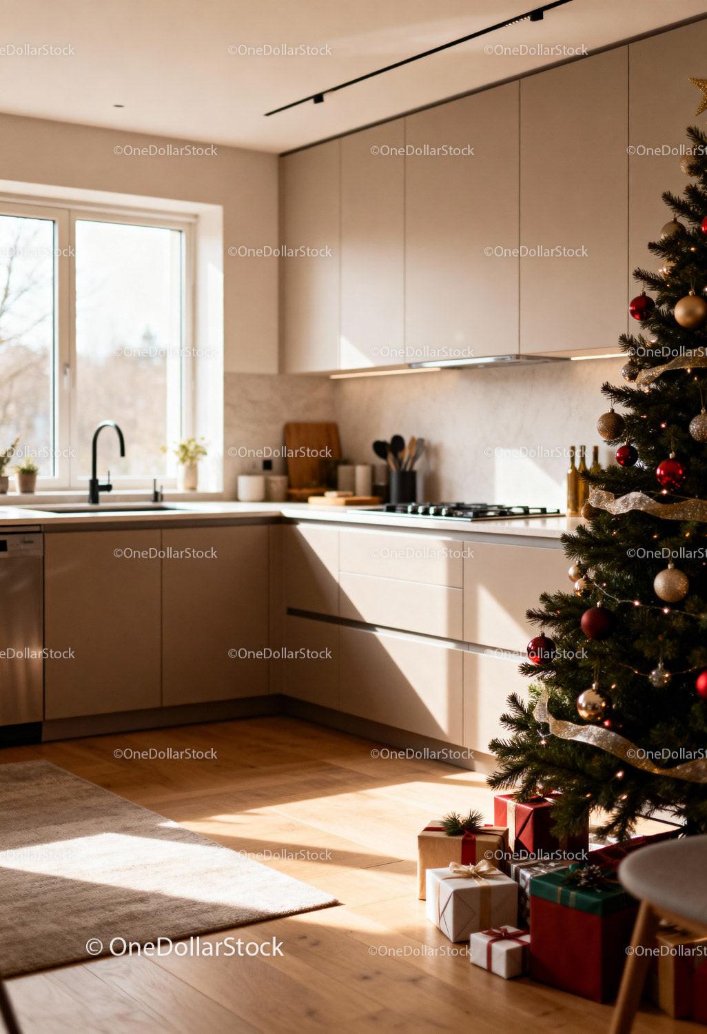 Cozy modern kitchen with decorated Christmas tree