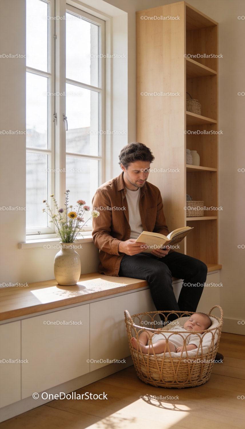 Father reading quietly near sleeping baby in cozy home