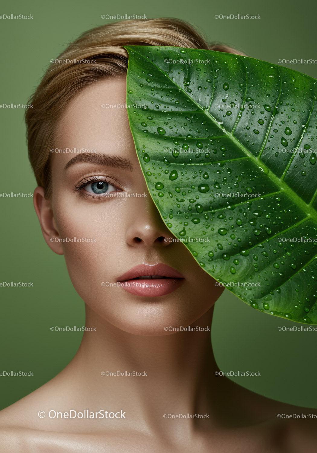 Close-up of Woman with Green Leaf and Dew Drops for Natural Beauty