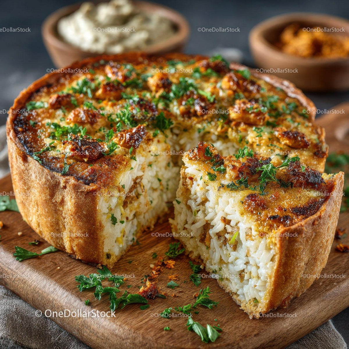 Seafood Shrimp Quiche with Fresh Herbs on Rustic Wooden Table Stock Photo Bundle preview 23