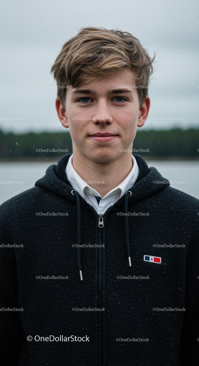 Teenage Boy in Casual Hoodie with Blue Eyes Near Waterfront
