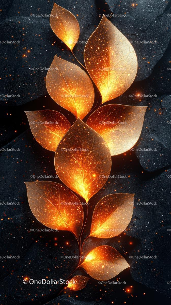 Golden Glow of Illuminated Autumn Leaves on Dark Background
