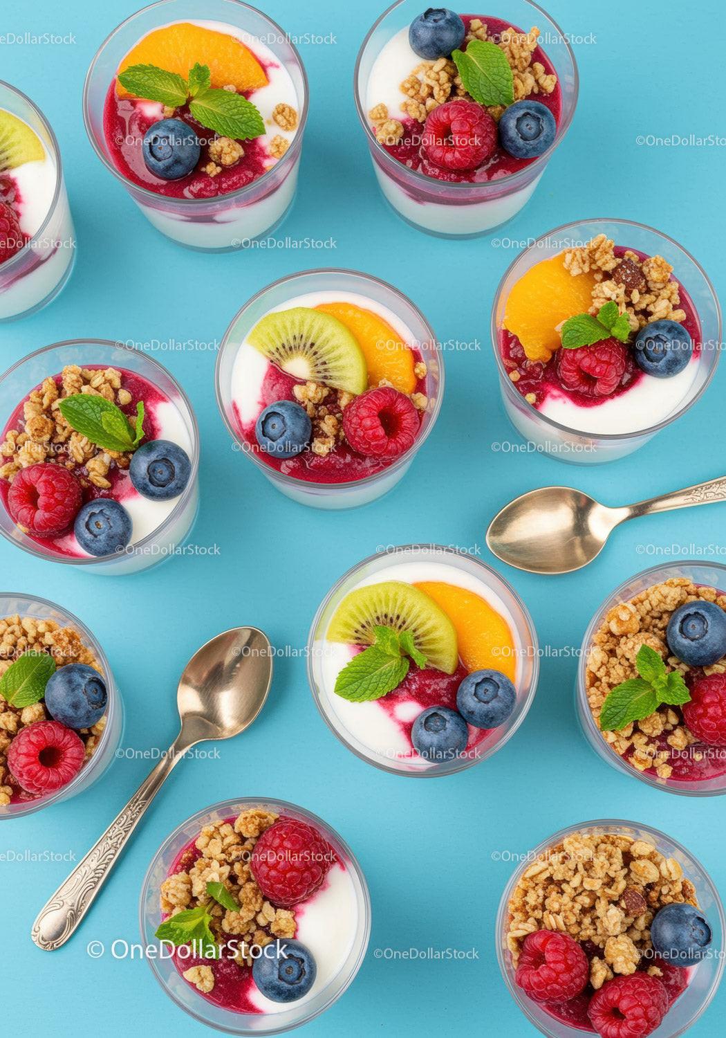 Healthy yogurt parfait cups with fresh berries and granola