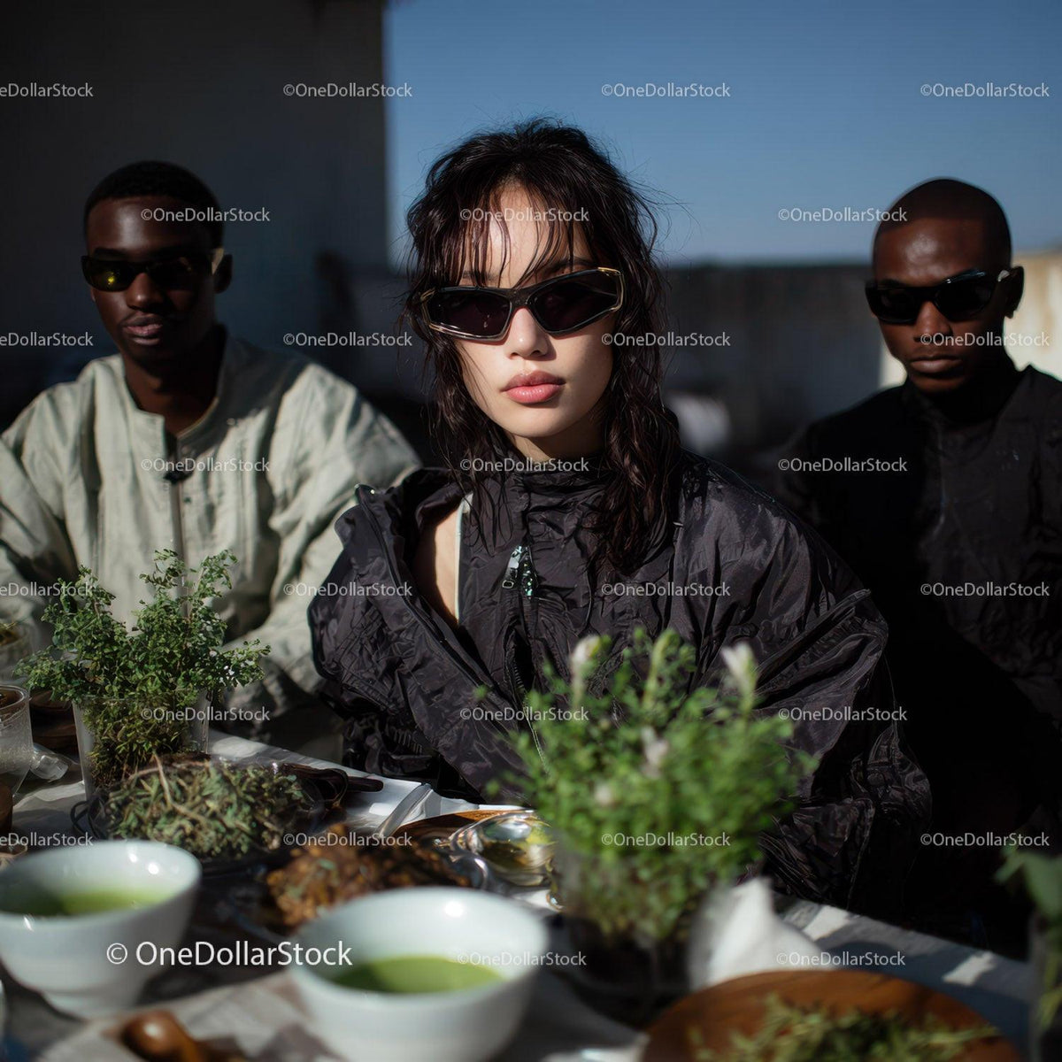 Fashionable Woman in Black Windbreaker and Sunglasses on Rooftop